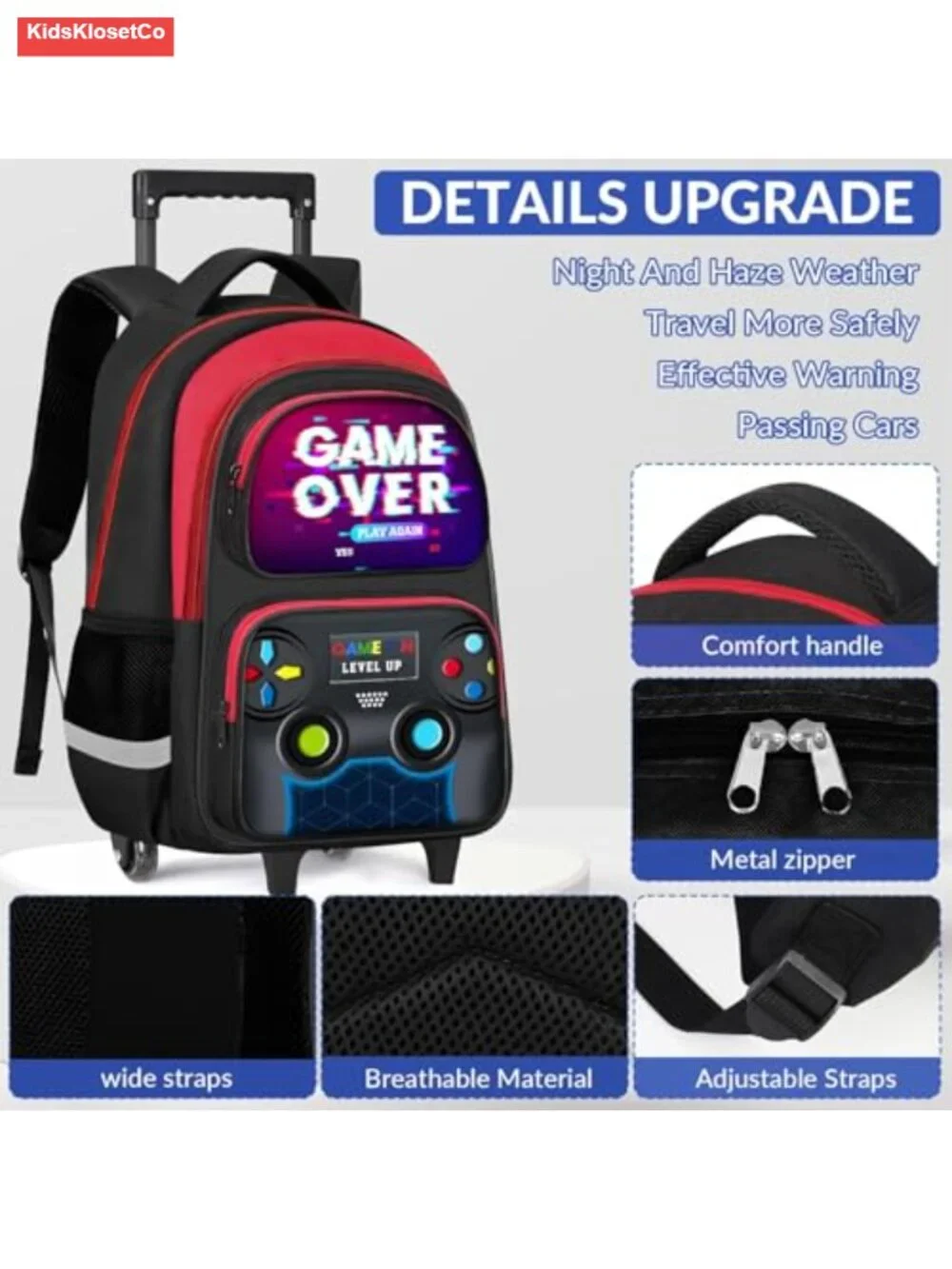 Boys Rolling Backpack with Wheels, Gamer Design, Wheeled Bookbag for School